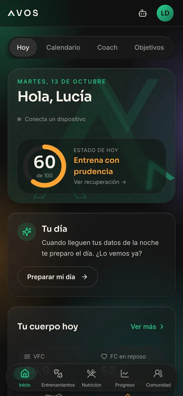 Pantalla de inicio de AVOS: estado de hoy y recomendación del día